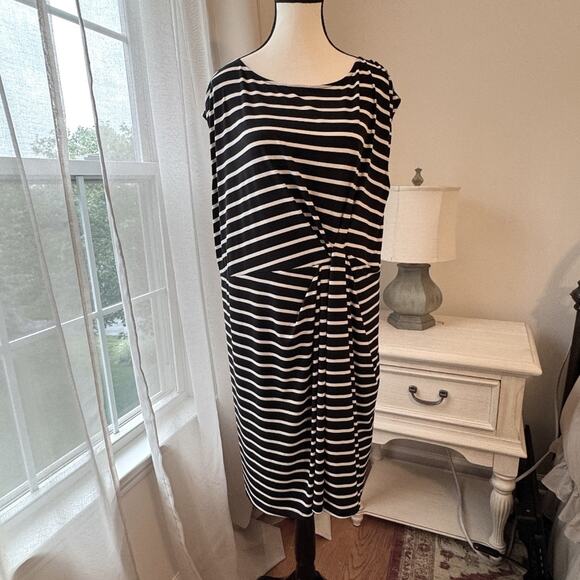 Loft Striped Side Shirred Midi Dress Black and White Size XL - Picture 2 of 8